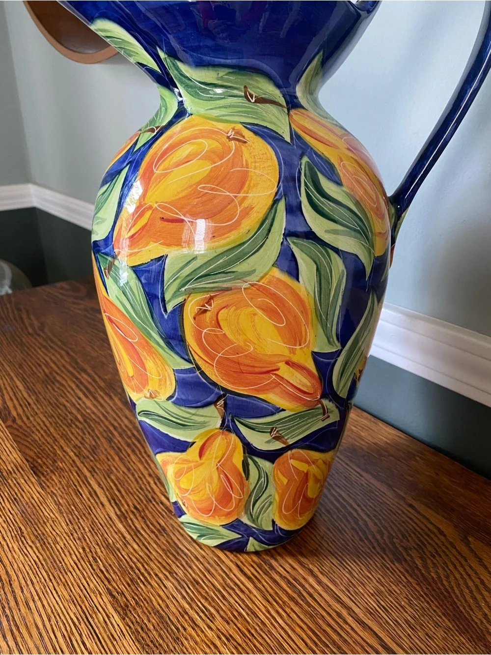 Vintage 90s Large Hand Painted Ceramic Vase / Jug Fruit Motif Blue Orange